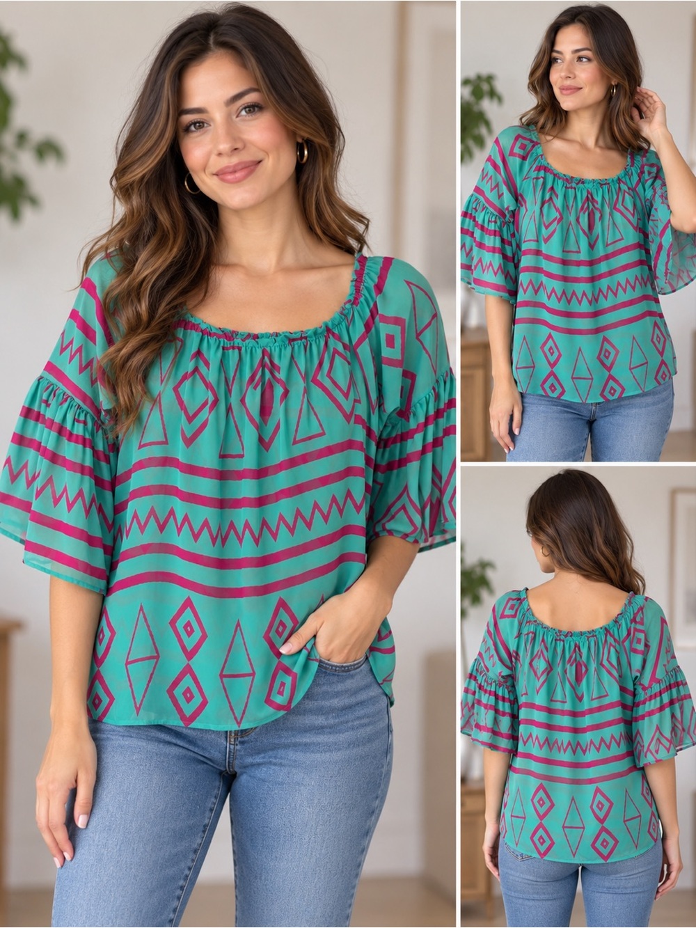 Bellamie Teal and Magenta Geometric Peasant Blouse